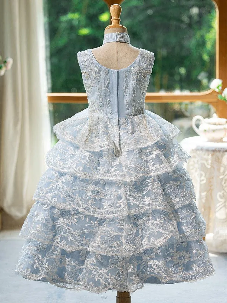 New Blue Sleeveless Lace Birthday Party Girls Princess Dress Embroidered Stage Performance Evening Gown