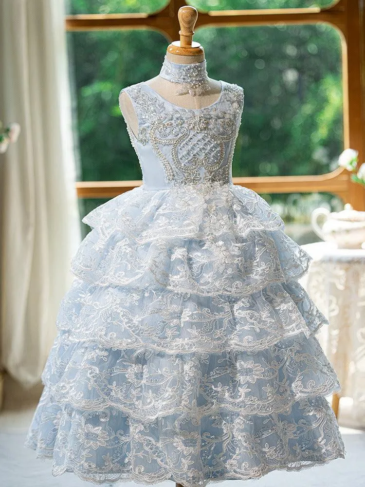 New Blue Sleeveless Lace Birthday Party Girls Princess Dress Embroidered Stage Performance Evening Gown