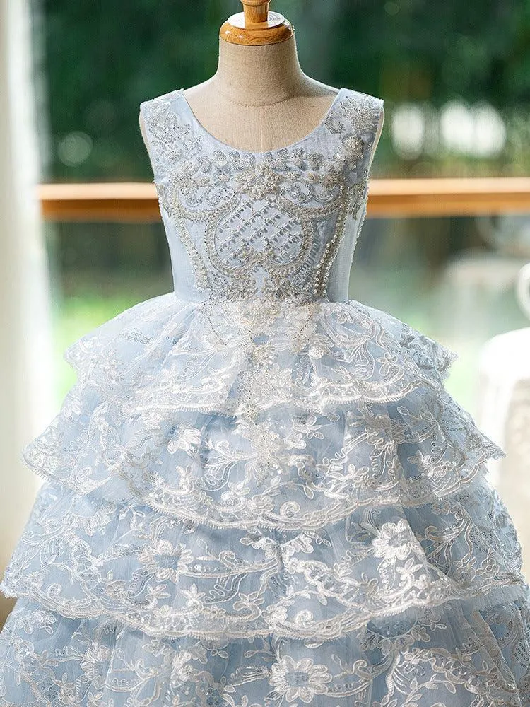 New Blue Sleeveless Lace Birthday Party Girls Princess Dress Embroidered Stage Performance Evening Gown