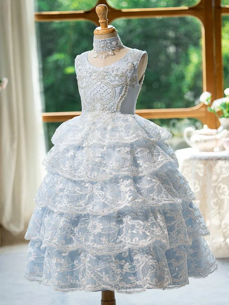 New Blue Sleeveless Lace Birthday Party Girls Princess Dress Embroidered Stage Performance Evening Gown