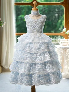 New Blue Sleeveless Lace Birthday Party Girls Princess Dress Embroidered Stage Performance Evening Gown