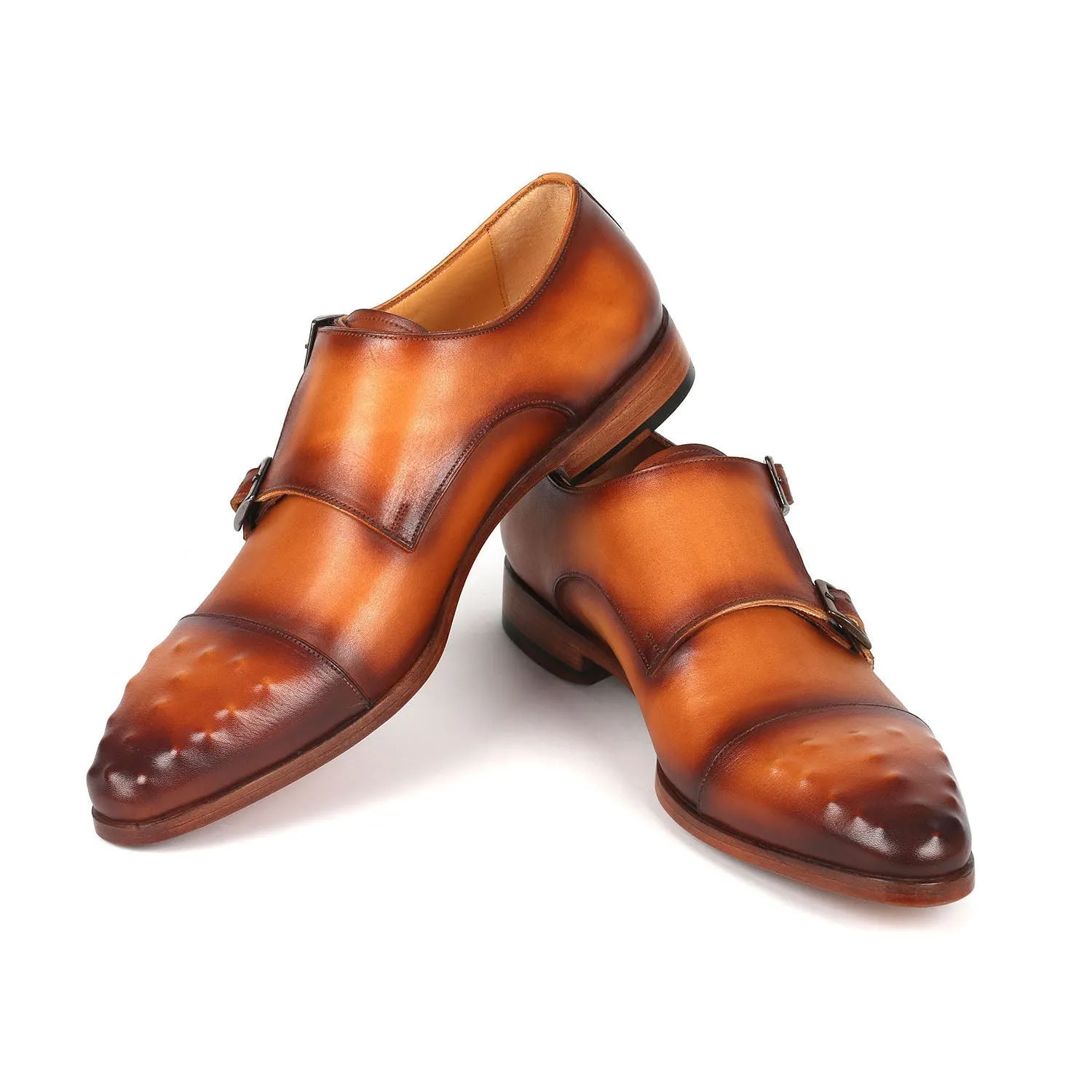 Paul Parkman 047-CML Men's Shoes Light Brown Calf-Skin Leather Studded Cap Toe Monkstraps Loafers (PM6369)