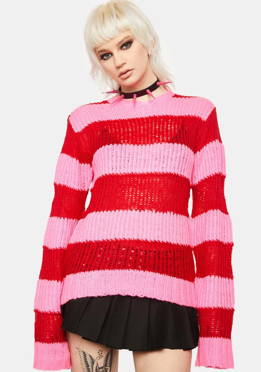 Pink Red Open Stripe Knit Sweater