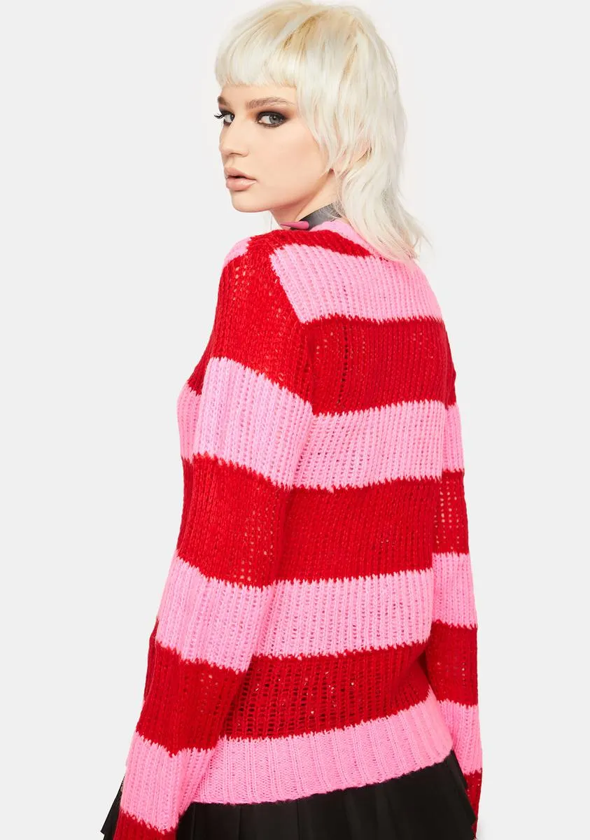 Pink Red Open Stripe Knit Sweater