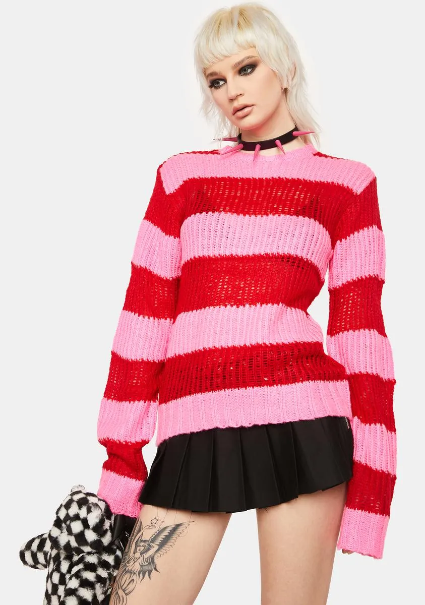 Pink Red Open Stripe Knit Sweater