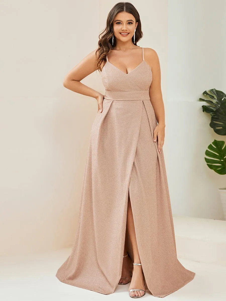 Plus Size Spaghetti Strap Shiny Formal Evening Dress for Wedding