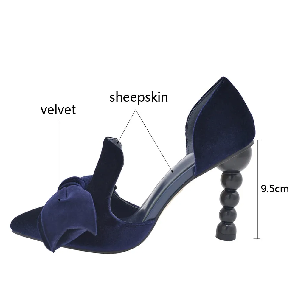 Purpdrank - Navy Blue Brand Designer Women Shoes Pearl High Heel Pointed Toe Velvet Bow 9 cm Stiletto Party Shoes Pumps 34-43