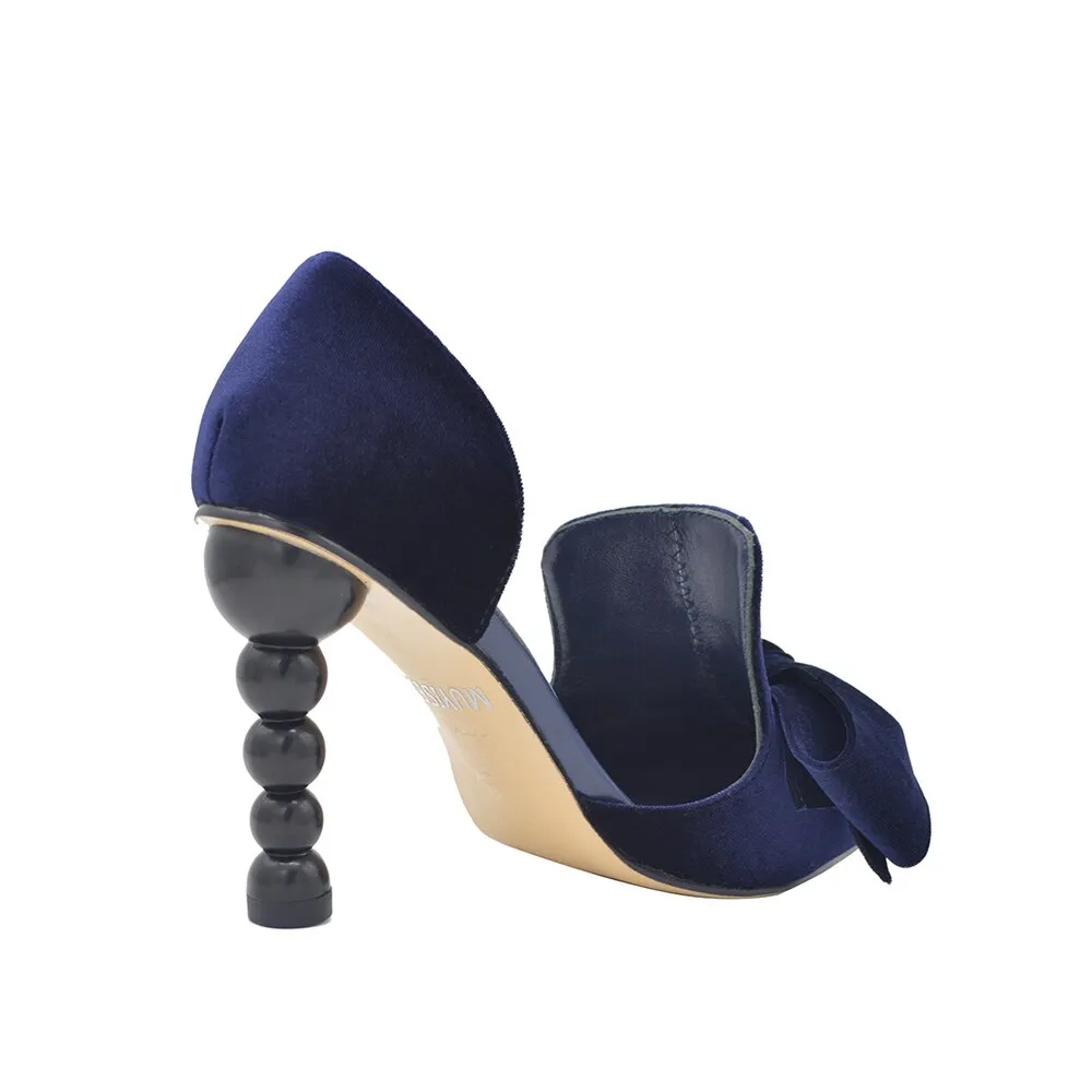 Purpdrank - Navy Blue Brand Designer Women Shoes Pearl High Heel Pointed Toe Velvet Bow 9 cm Stiletto Party Shoes Pumps 34-43