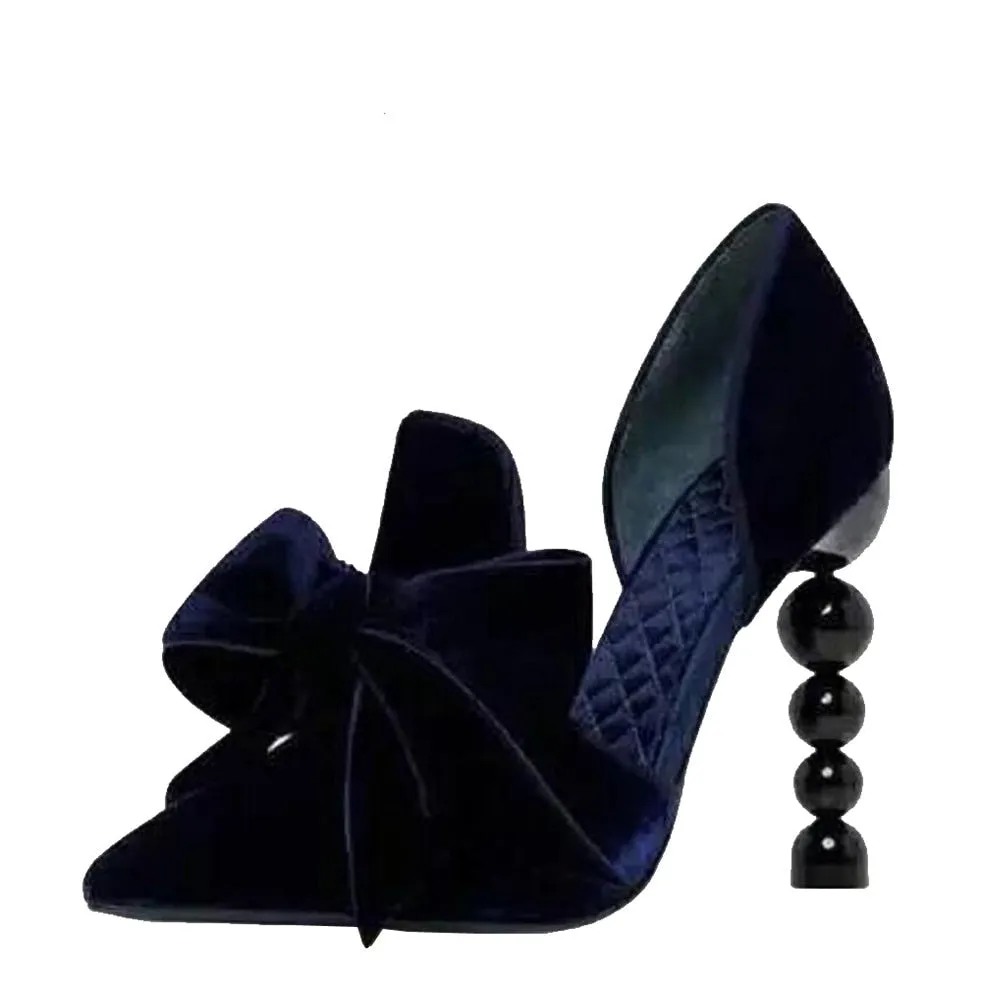 Purpdrank - Navy Blue Brand Designer Women Shoes Pearl High Heel Pointed Toe Velvet Bow 9 cm Stiletto Party Shoes Pumps 34-43