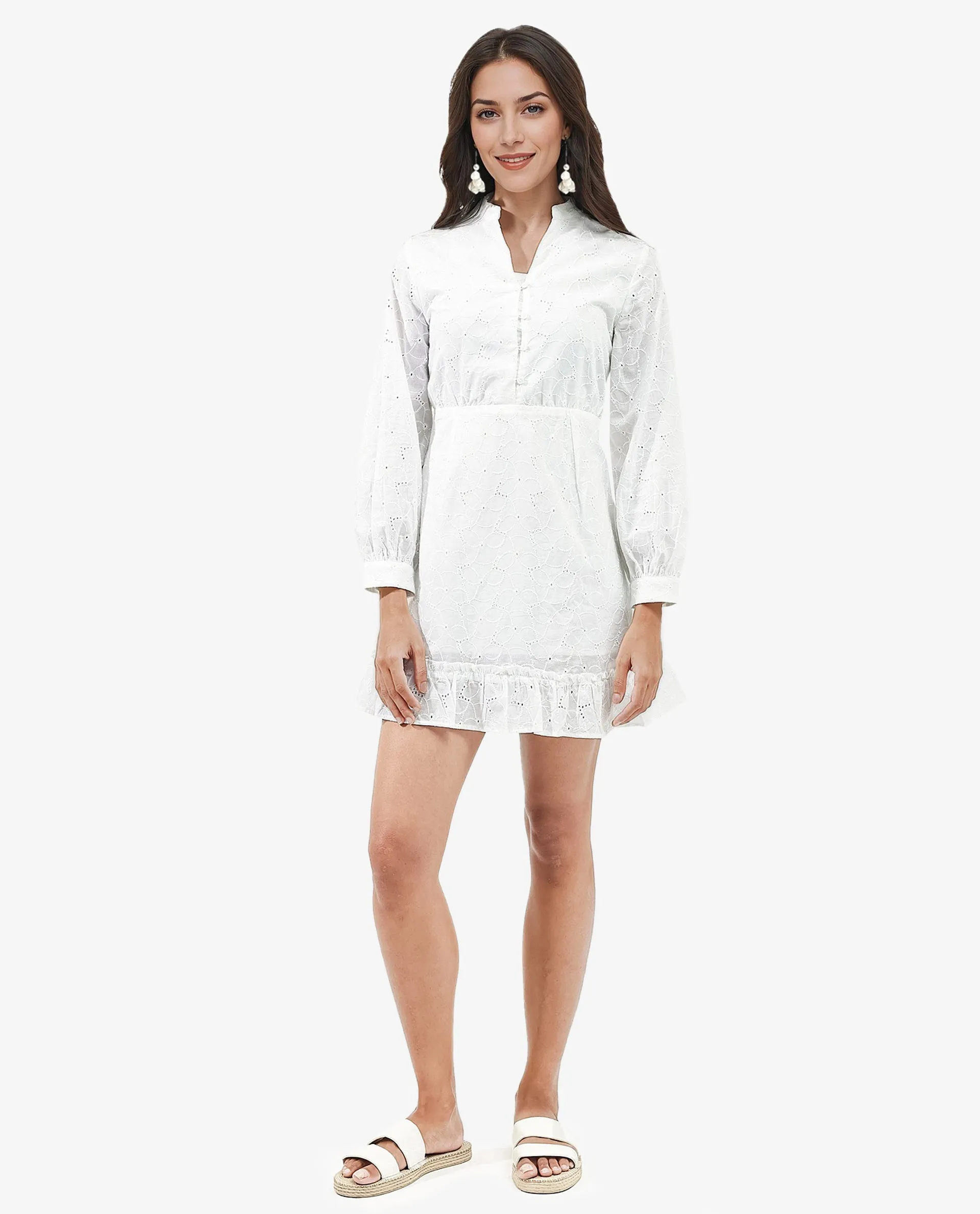 Rareism Women Walder White Cotton V-Neck Dress