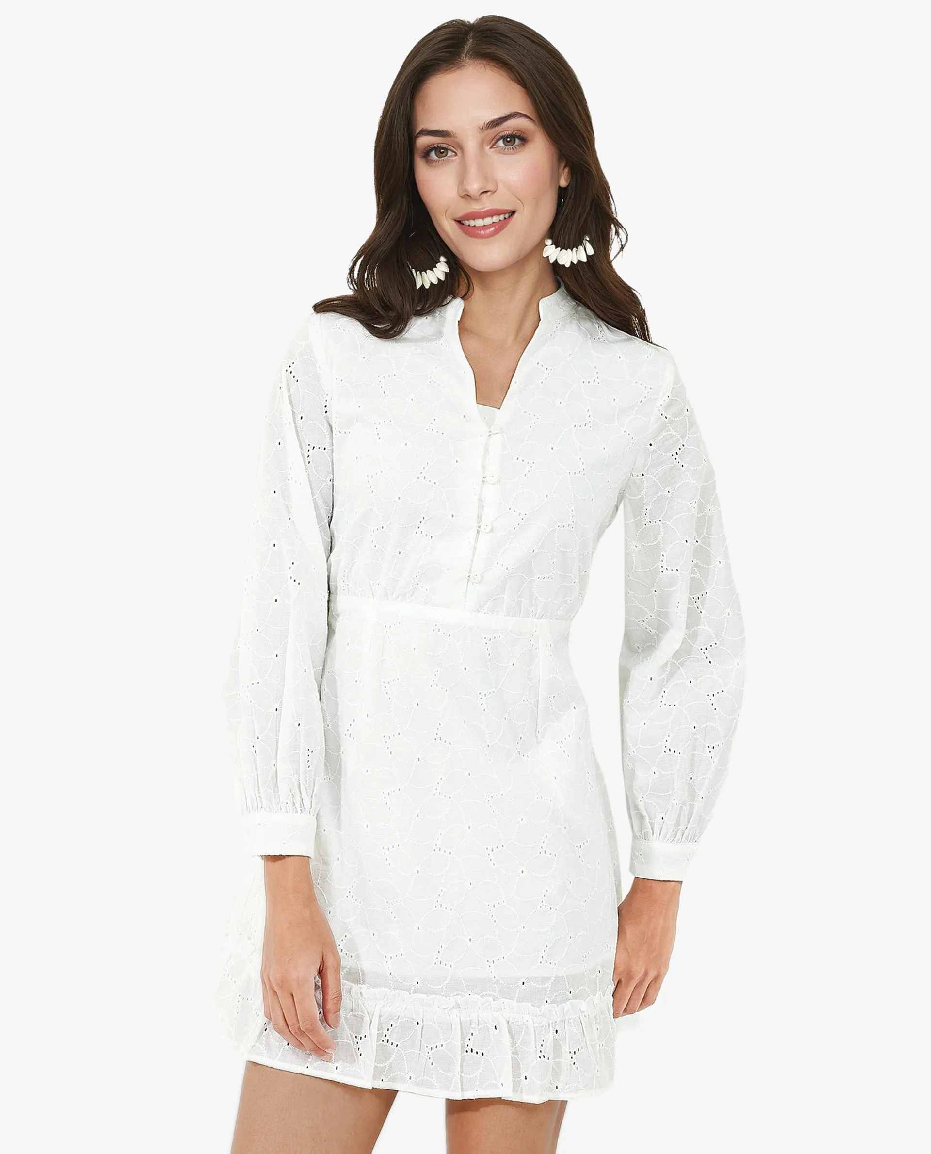 Rareism Women Walder White Cotton V-Neck Dress