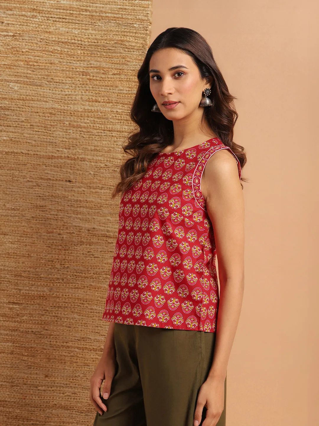 Red Cotton Floral Print Top  - By Janasya