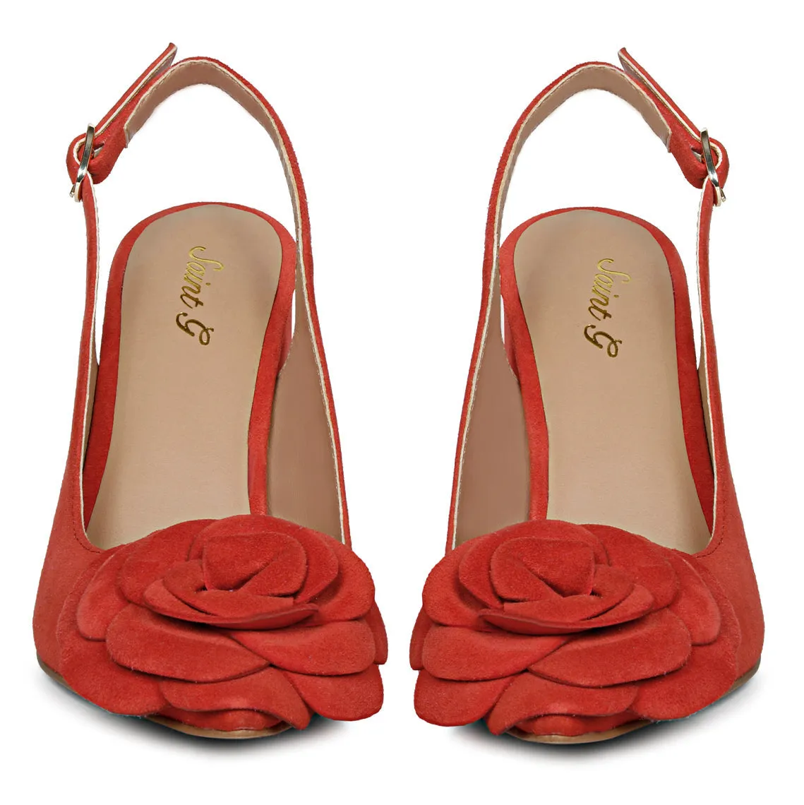 Saint Naiya Flower Embellished Red Suede Leather Heels