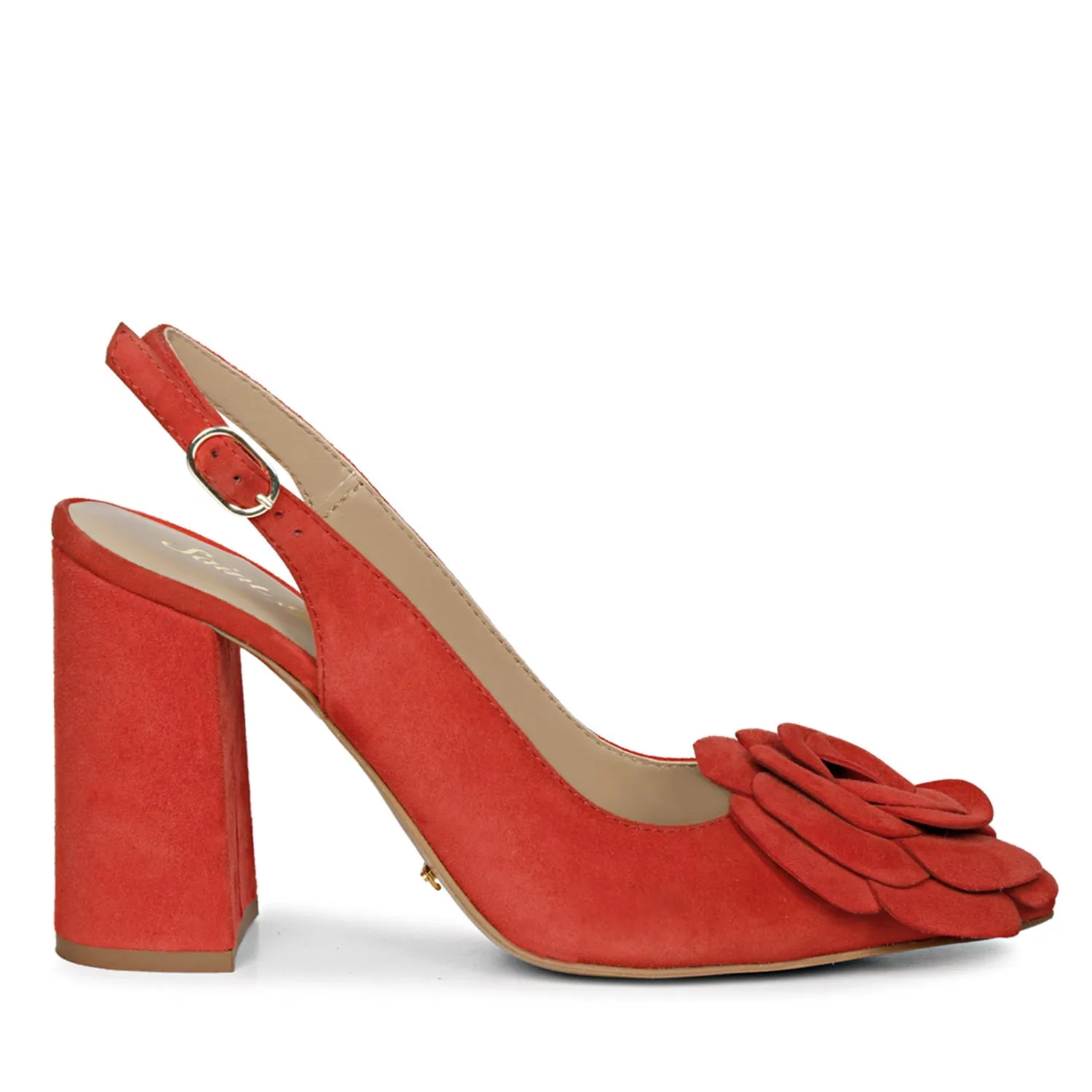 Saint Naiya Flower Embellished Red Suede Leather Heels