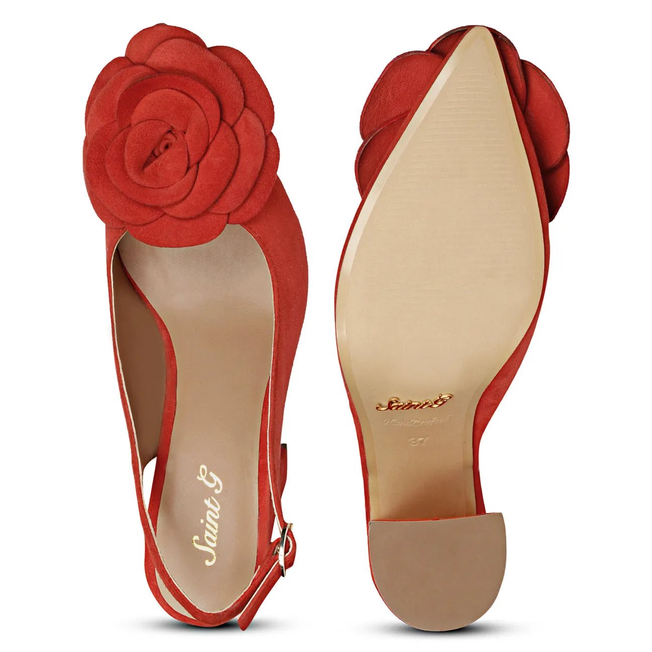 Saint Naiya Flower Embellished Red Suede Leather Heels