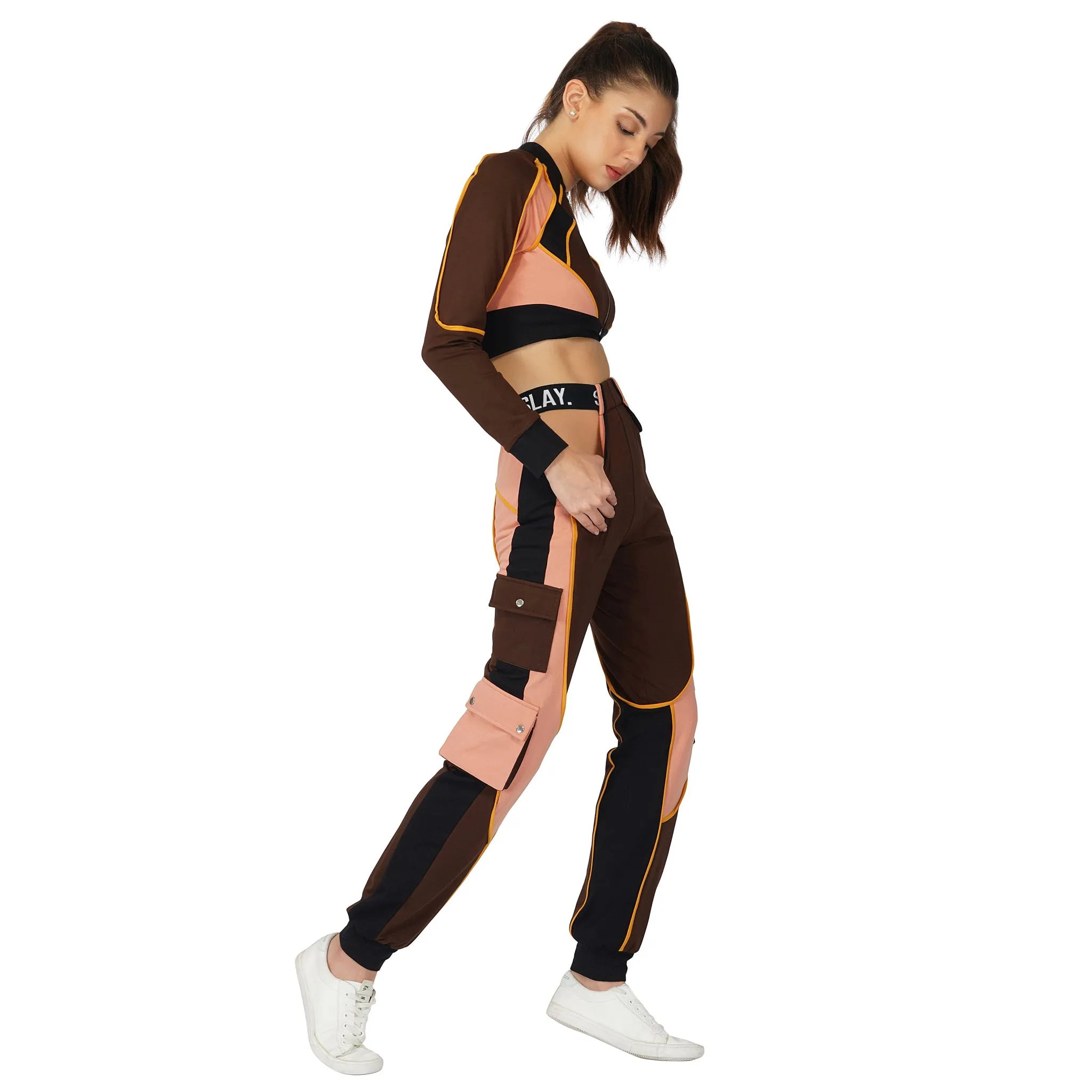 SLAY. Women's Activewear Tracksuit Brown Colorblock Crop Jacket & High Waist Cargo Pants Co-ord Set