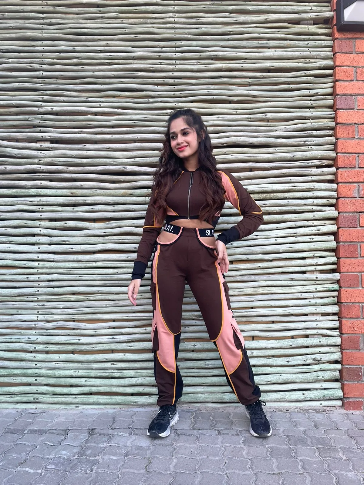 SLAY. Women's Activewear Tracksuit Brown Colorblock Crop Jacket & High Waist Cargo Pants Co-ord Set