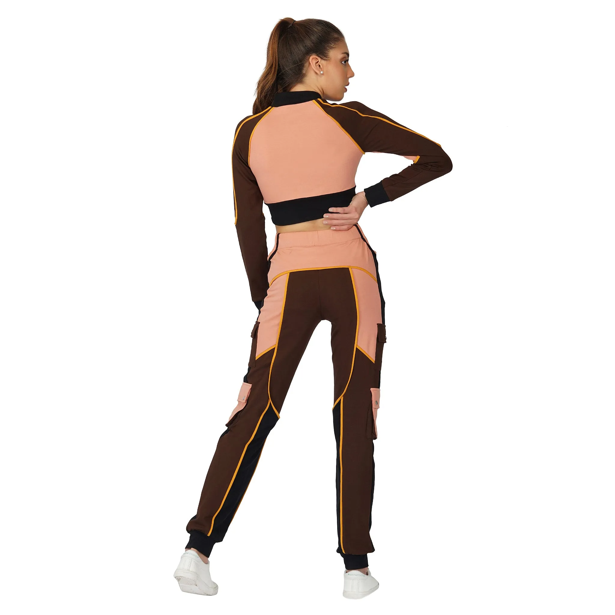 SLAY. Women's Activewear Tracksuit Brown Colorblock Crop Jacket & High Waist Cargo Pants Co-ord Set