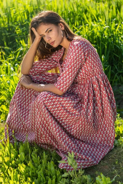 Sootisyahi 'Mesmerizing Maroon' Azofree Handblock Printed Pure Cotton Dress