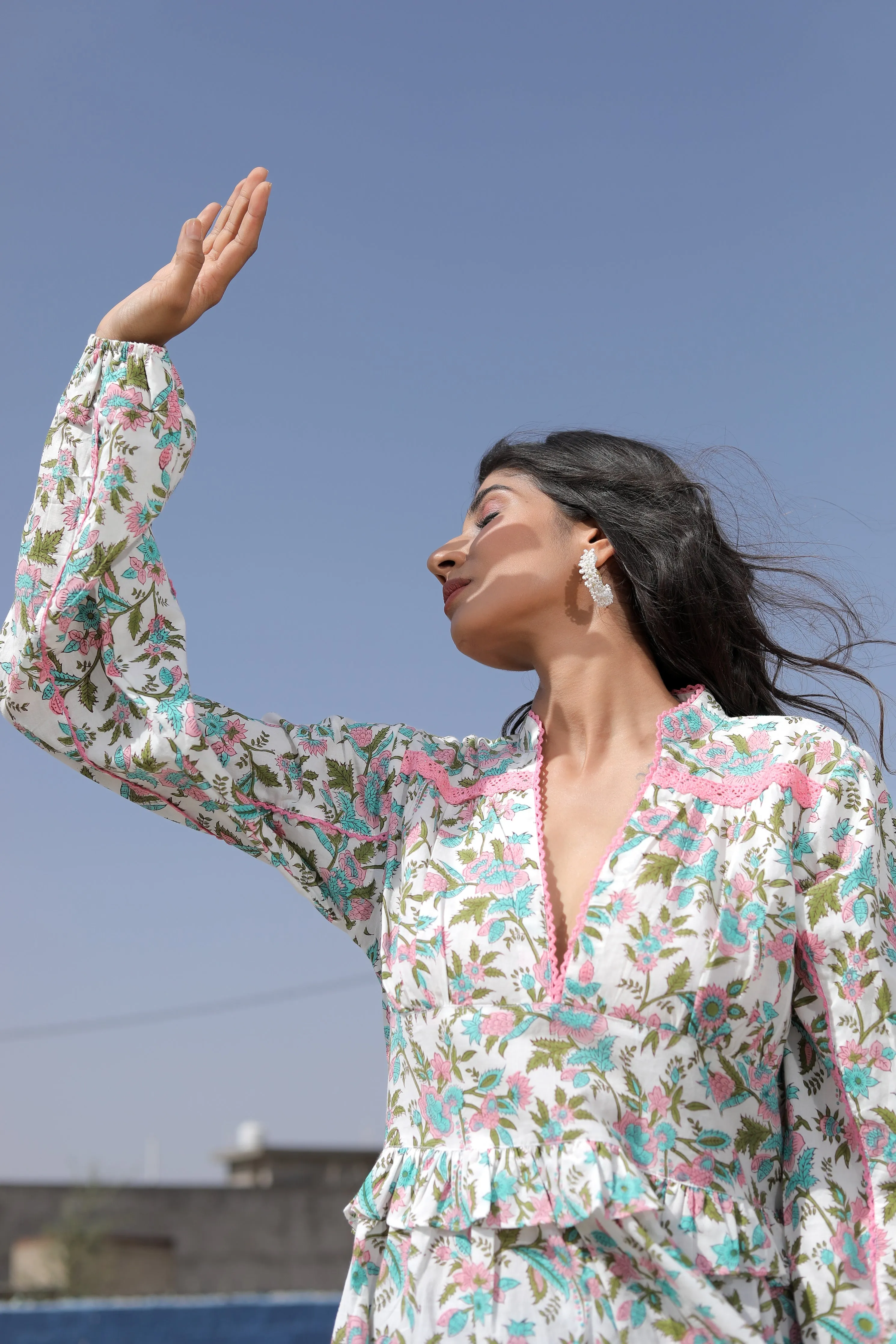 Sunflower Pink Blue Long Sleeves in Cotton Mini Dress