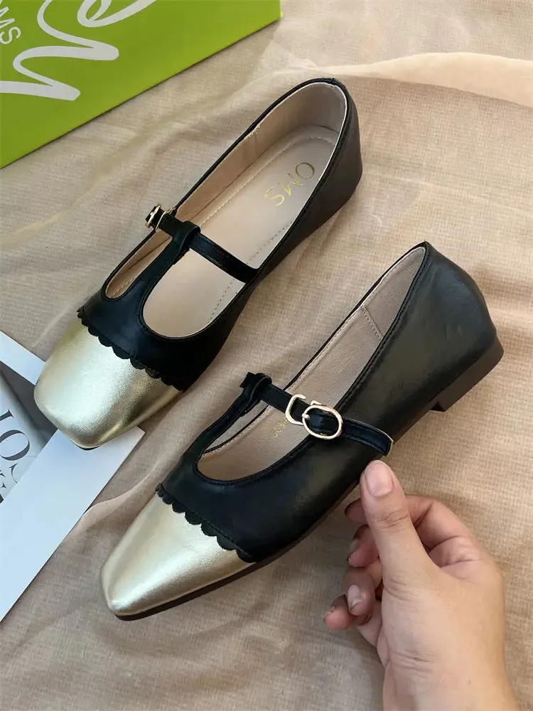 TAVIMART  -  T-strap Mary Janes Shoes for Women Pu Leather Ptachwork Elegant Flats Shoes Spring Autumn Square Toe Loafers Female Shoes