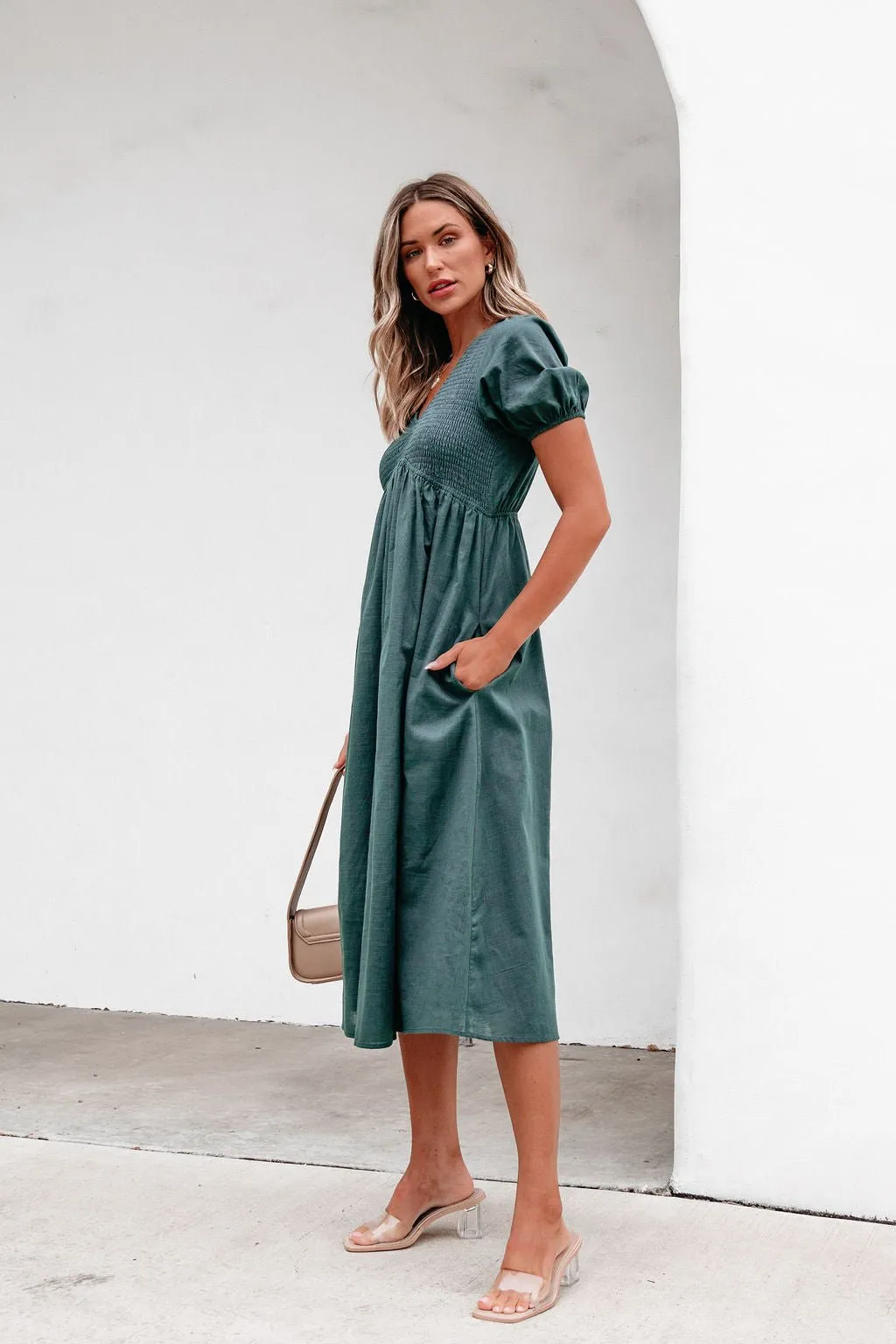 Teal Puff Sleeve Textured Midi Dress - FINAL SALE