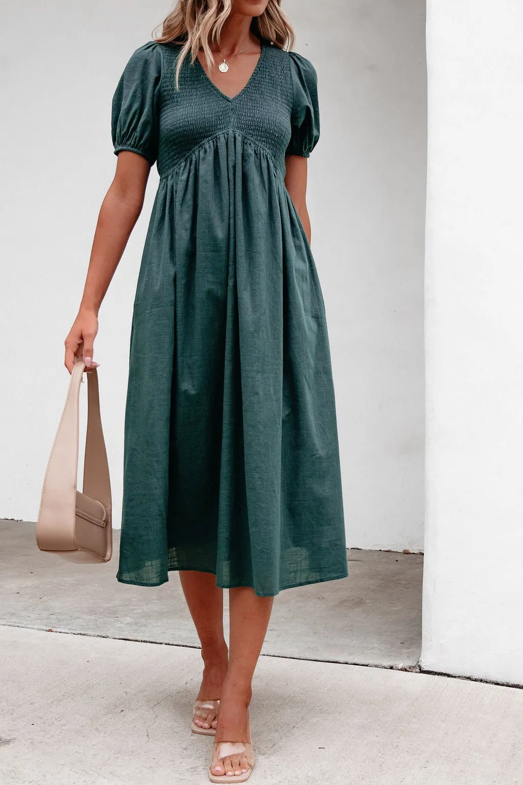 Teal Puff Sleeve Textured Midi Dress - FINAL SALE