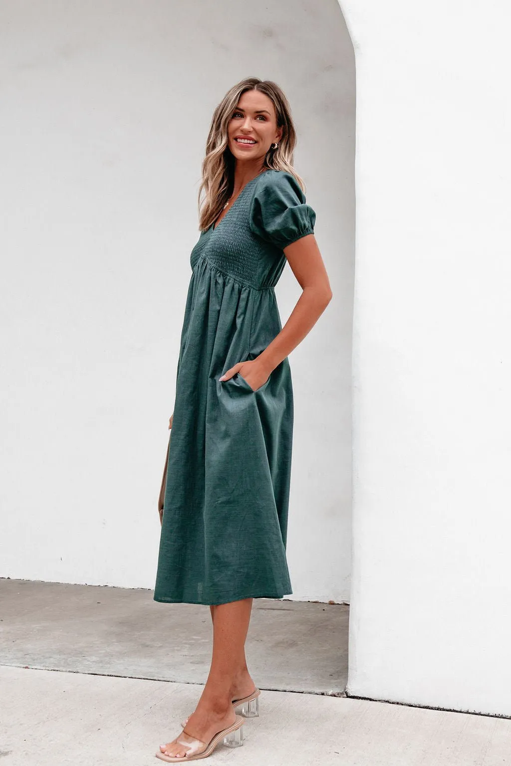 Teal Puff Sleeve Textured Midi Dress - FINAL SALE