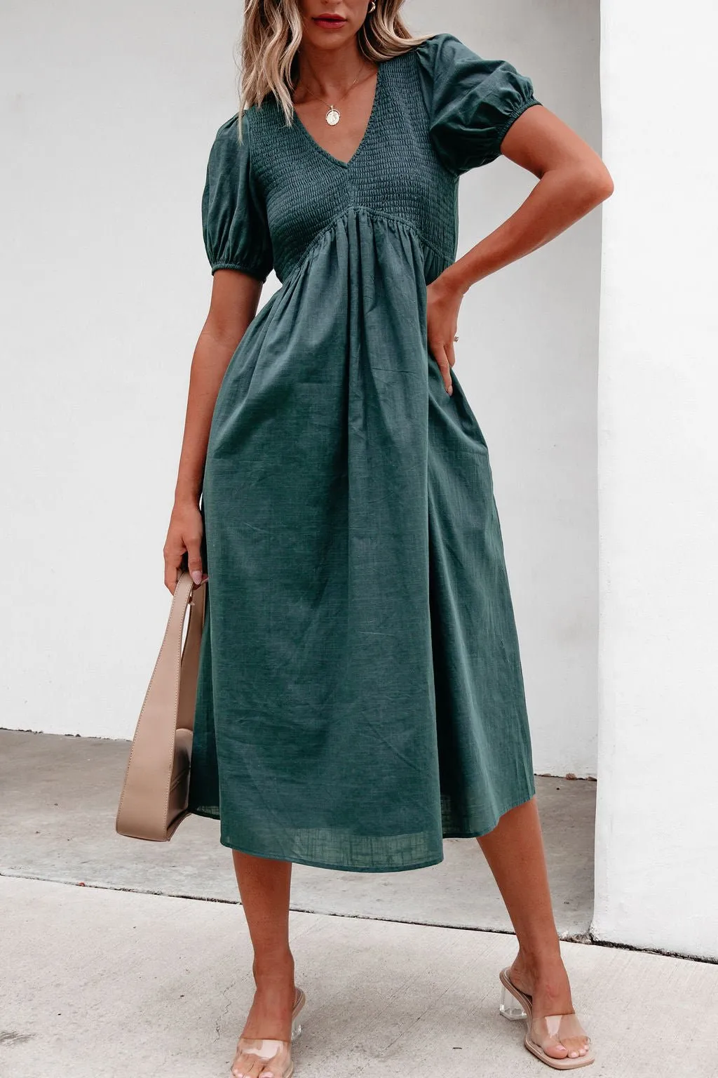 Teal Puff Sleeve Textured Midi Dress - FINAL SALE