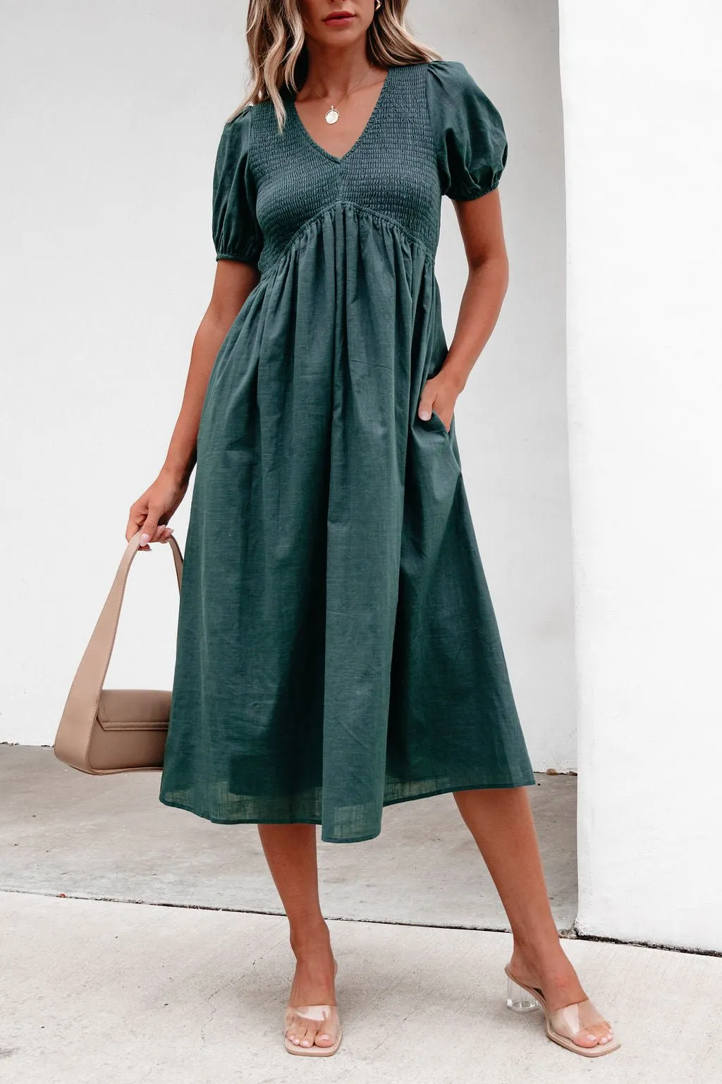 Teal Puff Sleeve Textured Midi Dress - FINAL SALE