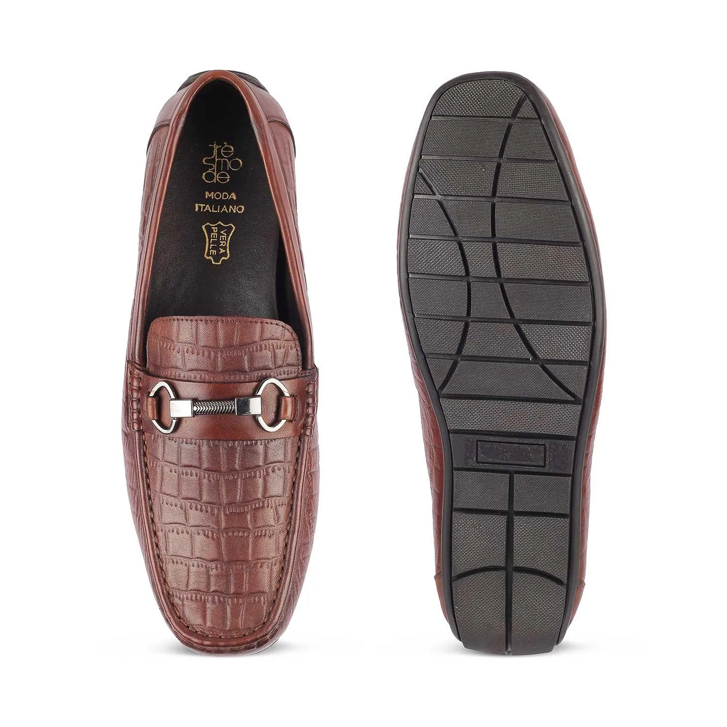 The Miluck Brown Men's Textured Leather Driving Loafers Tresmode