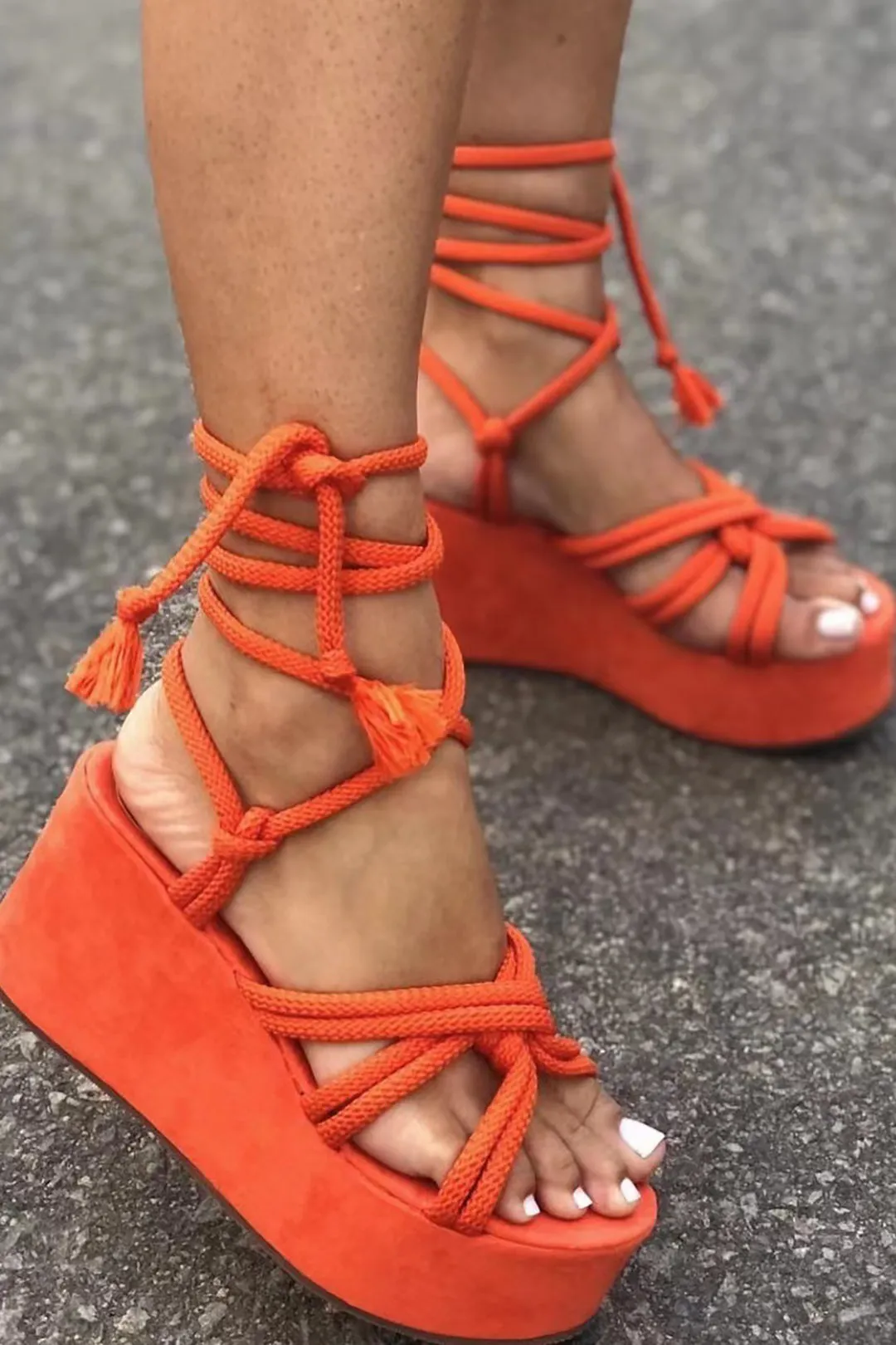 Tie-Up Open Toe Platform Flats Sandals