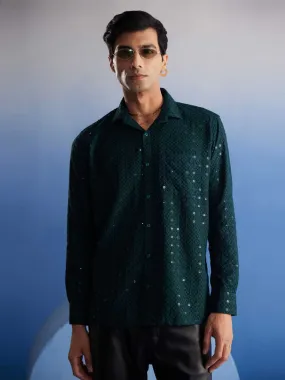 VASTRAMAY Men's Green Embellished Shirt