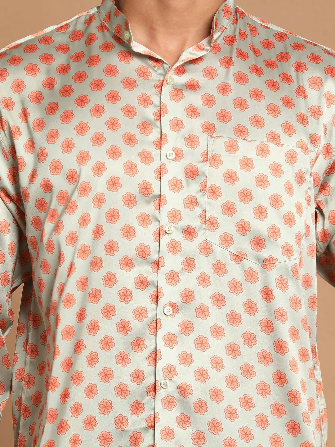 VASTRAMAY Men's Orange Silk Blend Printed Shirt