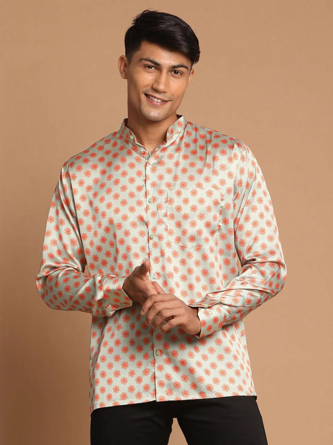 VASTRAMAY Men's Orange Silk Blend Printed Shirt