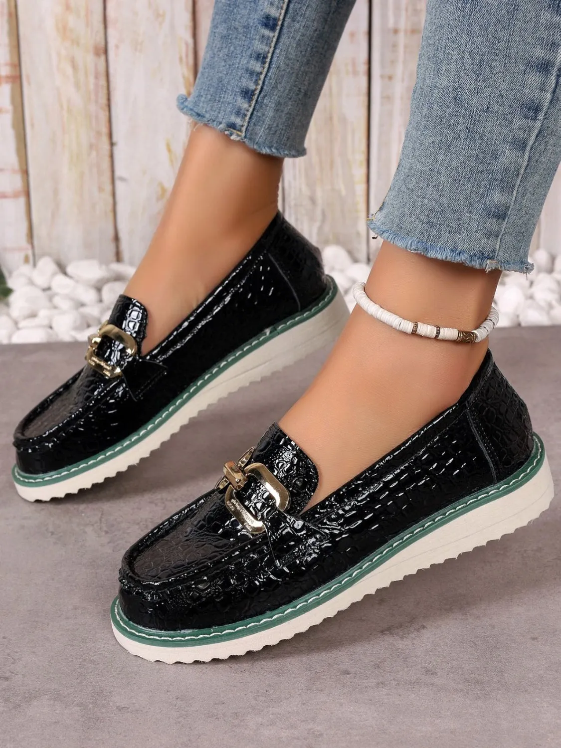 Vegan Leather Buckle Trim Loafers