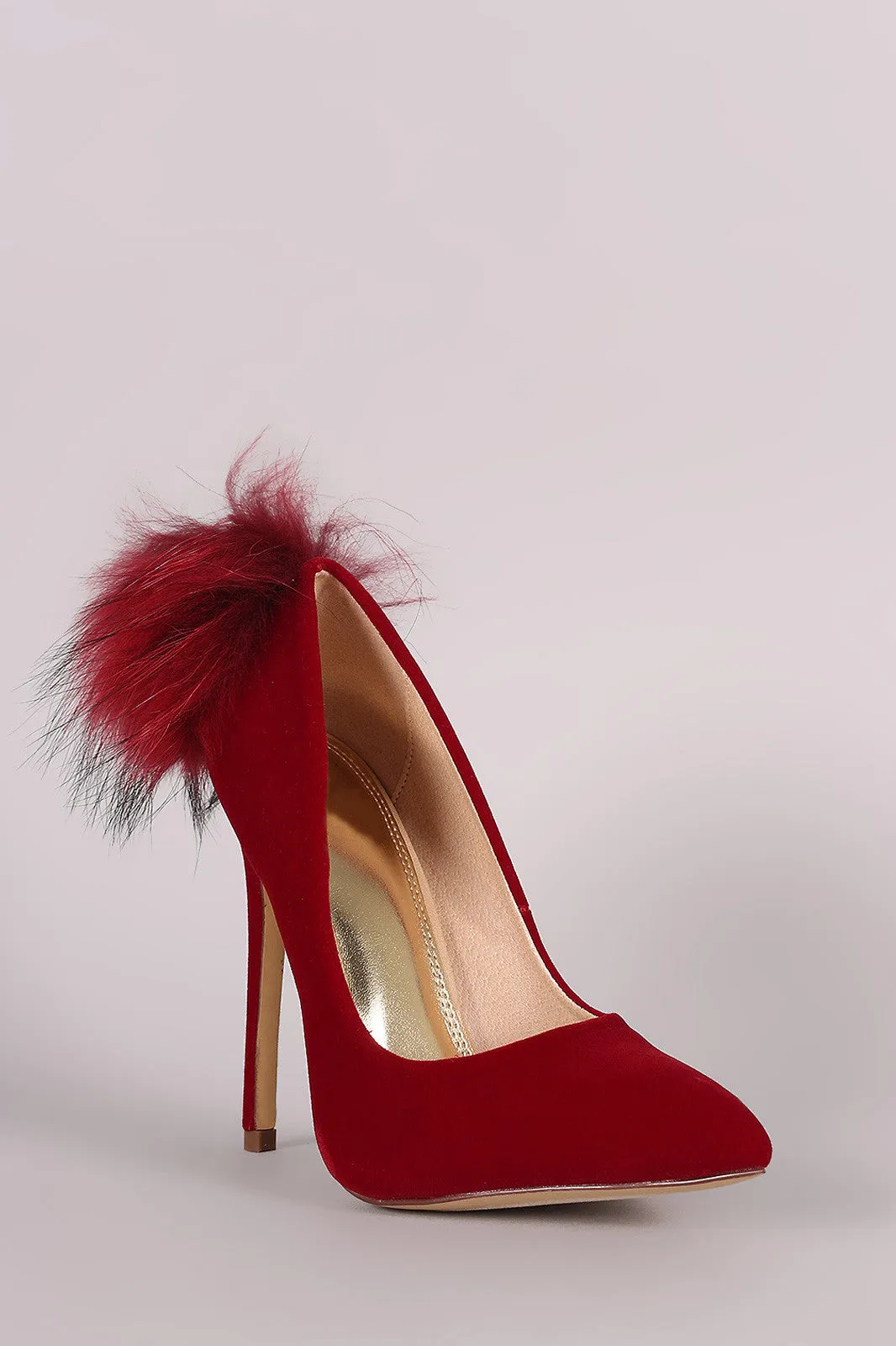 Velvet Fur Pompom Pointy Toe Stiletto Pump