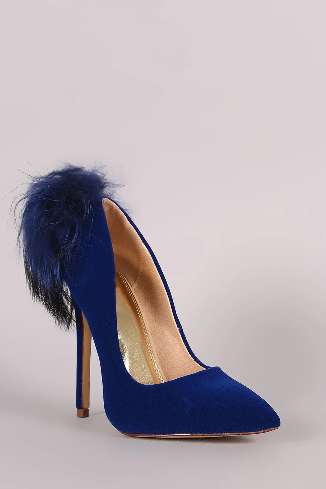 Velvet Fur Pompom Pointy Toe Stiletto Pump