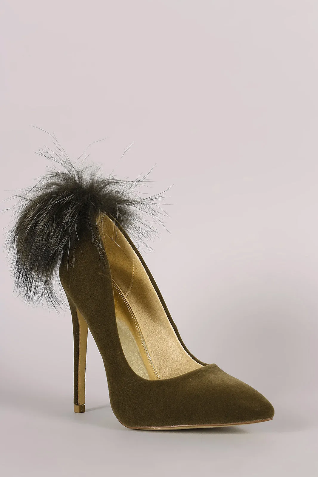 Velvet Fur Pompom Pointy Toe Stiletto Pump