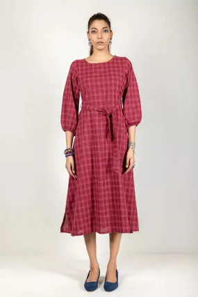 Wine-Colored Woven Checked Dress