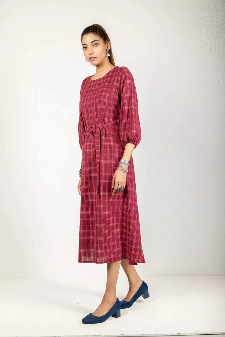 Wine-Colored Woven Checked Dress