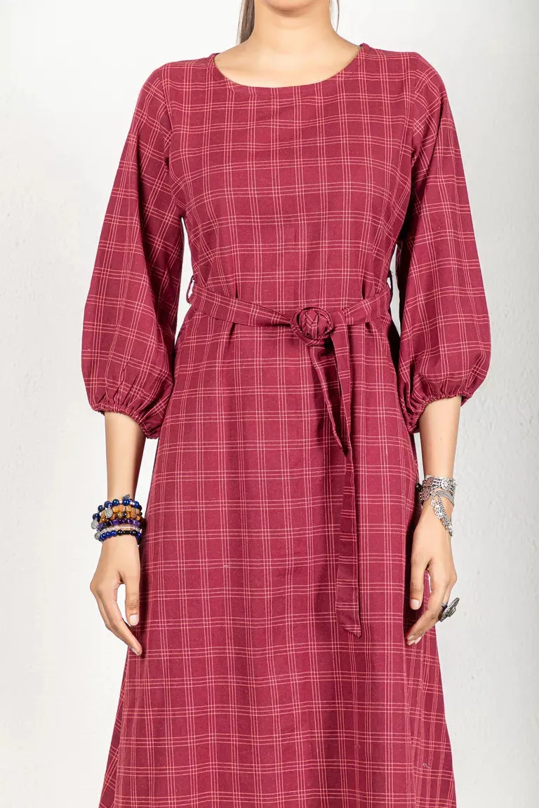 Wine-Colored Woven Checked Dress