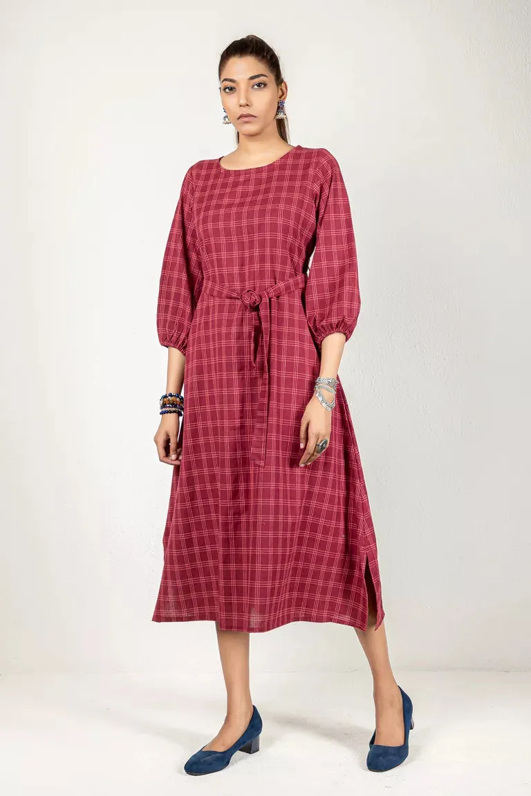 Wine-Colored Woven Checked Dress