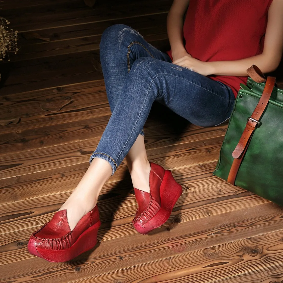 Women Handmade Leather Loafers,Retro Slip Ons  Red Platforms