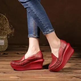 Women Handmade Leather Loafers,Retro Slip Ons  Red Platforms