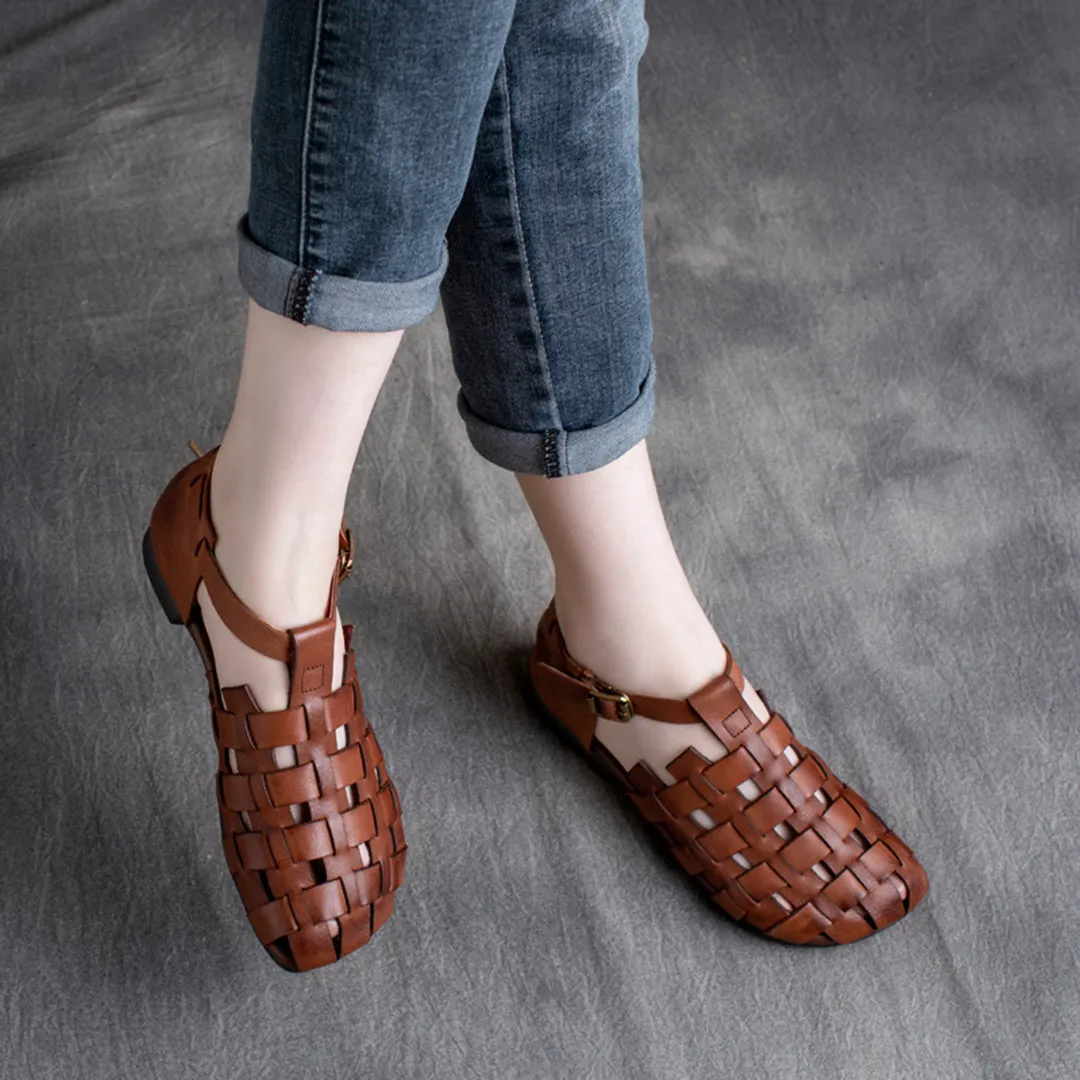 Women Retro Woven Cowhide Leather Sandals