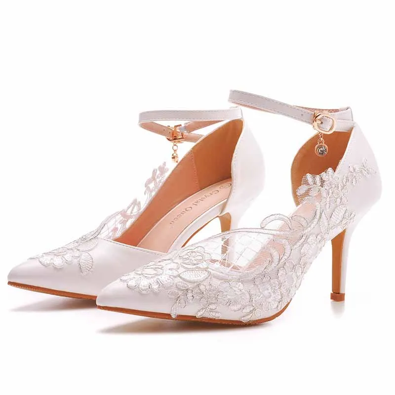 Women White lace Ankle Strap High Heel Sandals Bridal White Lace Wedding Shoes