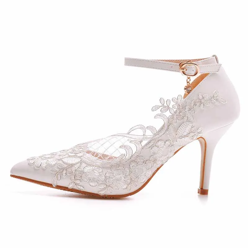 Women White lace Ankle Strap High Heel Sandals Bridal White Lace Wedding Shoes