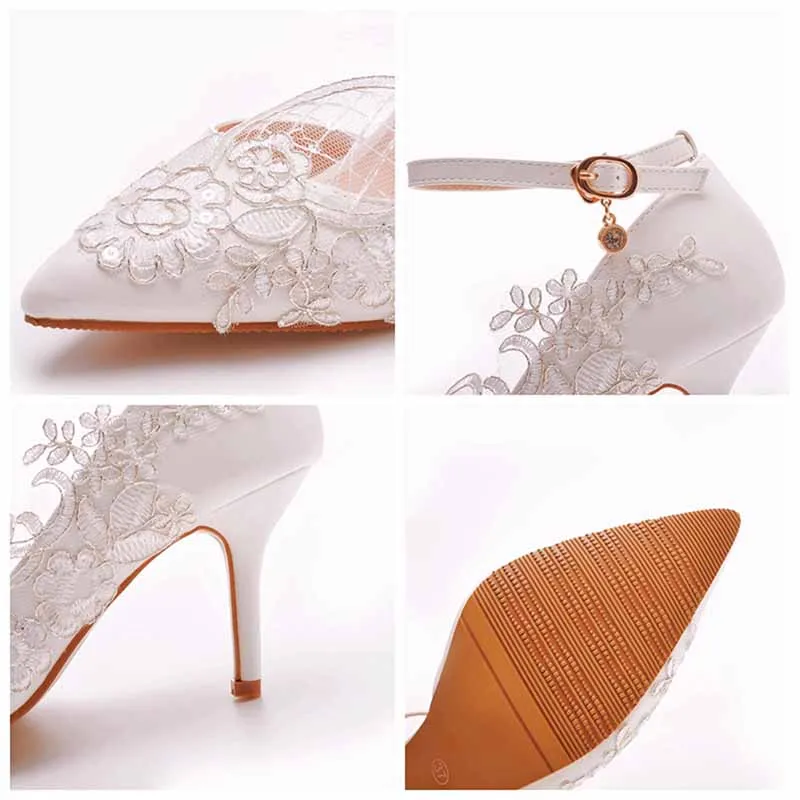 Women White lace Ankle Strap High Heel Sandals Bridal White Lace Wedding Shoes