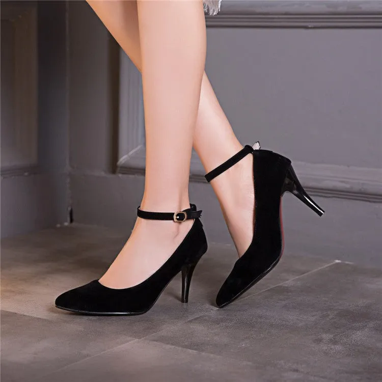 Women's Ankle Strap Velvet High Heels Stiletto Pumps